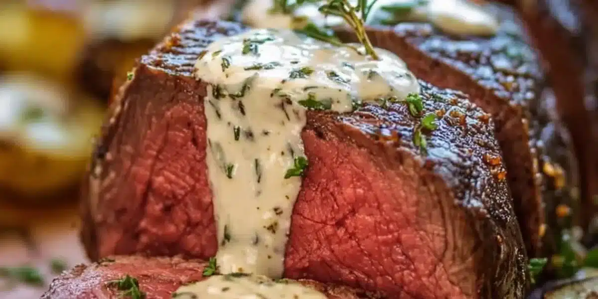 Roasted beef tenderloin with creamy horseradish sauce garnished on a plate