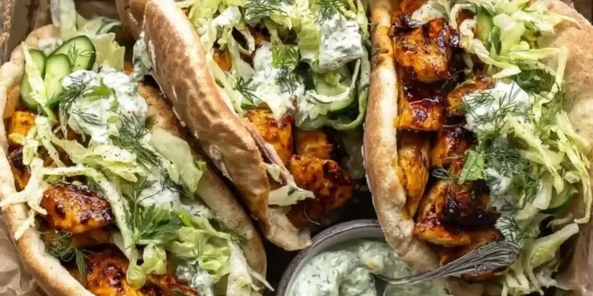 Sheet Pan Chicken Pitas with Herby Ranch served on a plate