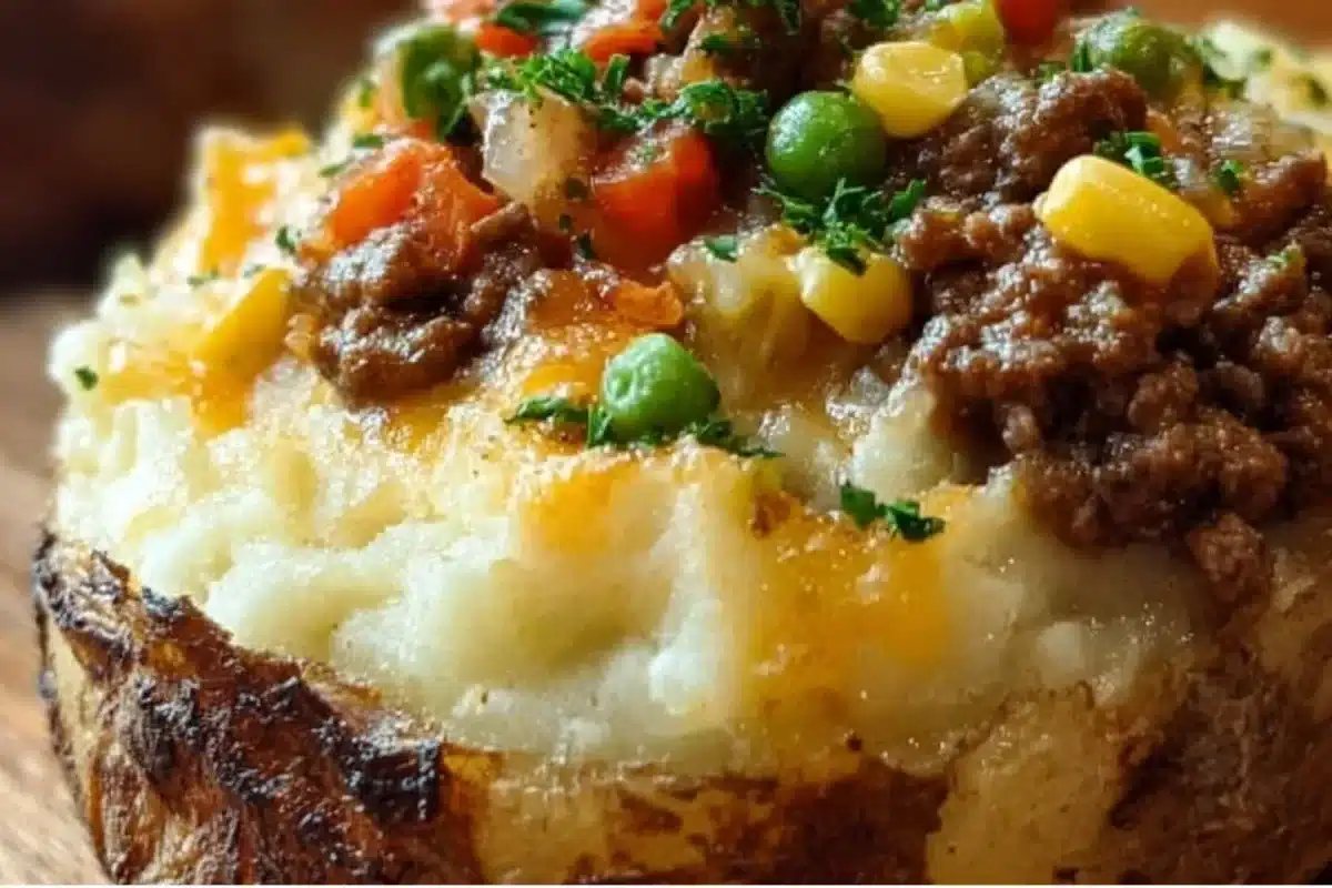 Delicious Shepherd's Pie Baked Potato topped with creamy mashed potatoes and savory filling.