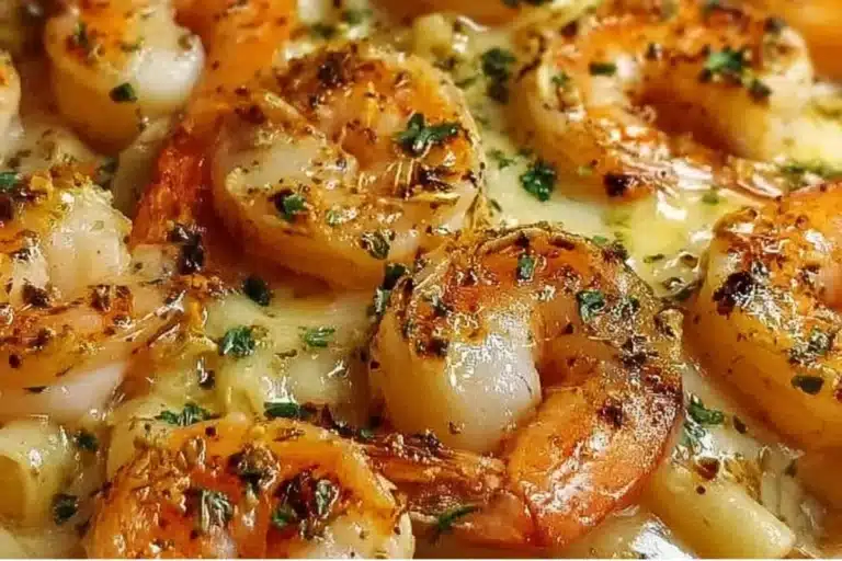 Baked shrimp scampi with garlic, herbs, and pasta in a white dish