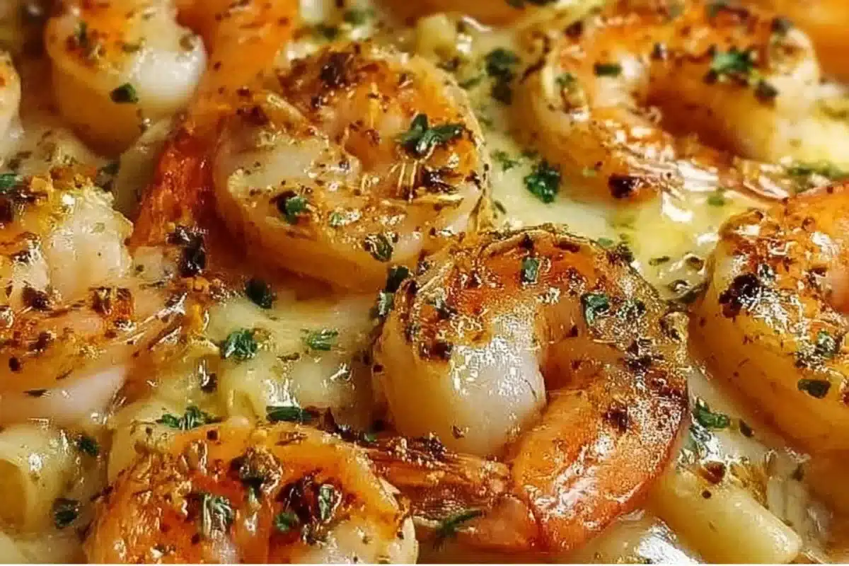 Baked shrimp scampi with garlic, herbs, and pasta in a white dish