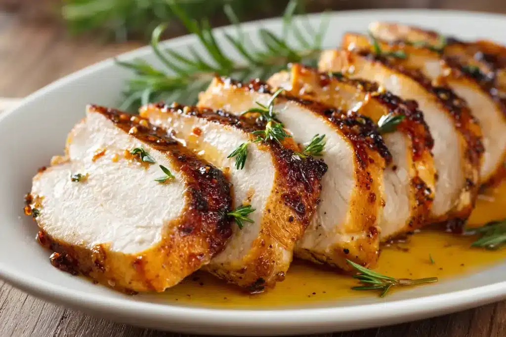 sliced-slow-cooker-turkey-breast Sliced juicy slow cooker boneless turkey breast with pan juices