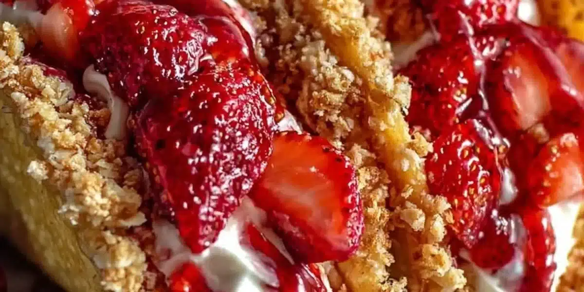 Strawberry crunch cheesecake tacos served on a plate