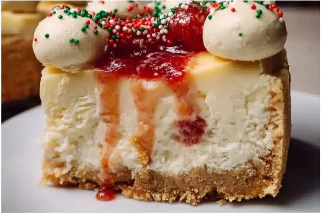 A slice of Sugar Cookie Cheesecake topped with colorful sprinkles and whipped cream.