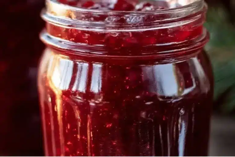 Jar of Sweet Christmas Cranberry Jam with festive decorations for holiday gifting