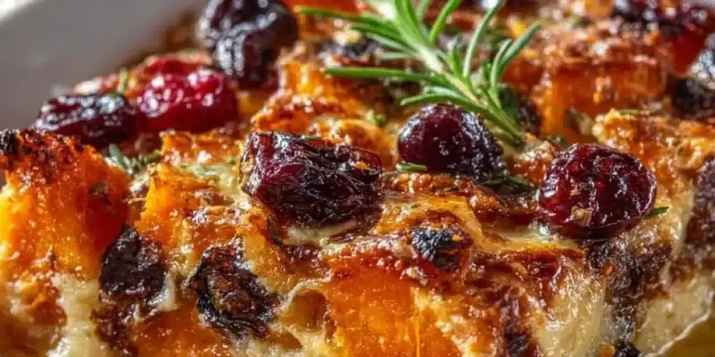 Delicious Sweet Potato & Cranberry Gratin in a festive dish