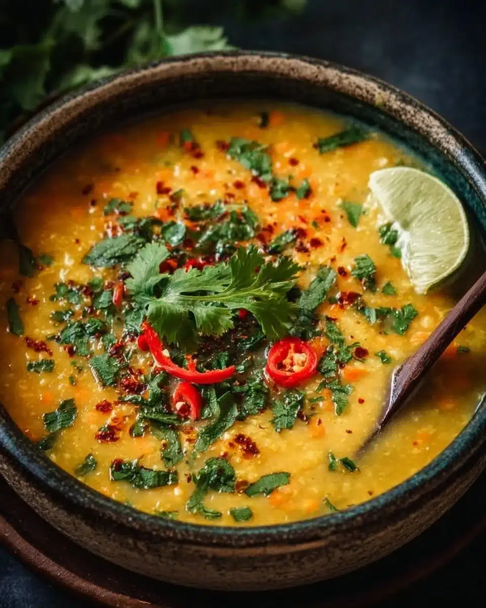 Bowl of Thai Coconut Red Lentil Soup garnished with herbs and spices