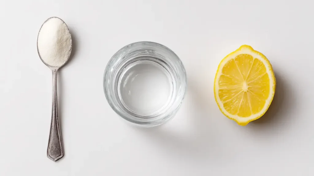 The three essential gelatin trick ingredients: unflavored gelatin powder, water, and lemon juice arranged for a recipe preparation