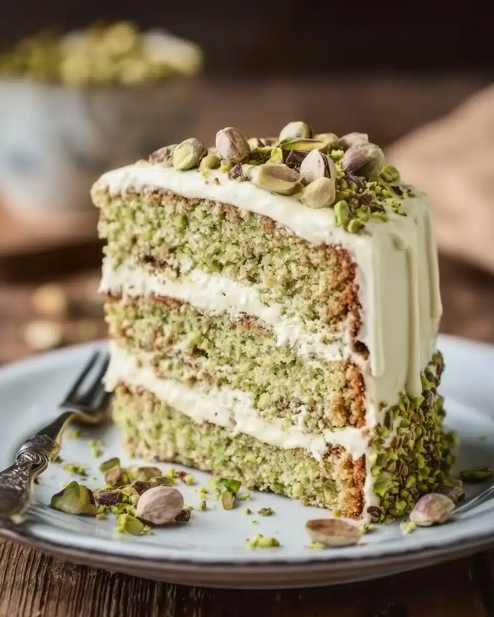 Delicious white chocolate pistachio cake topped with crushed pistachios and ganache.