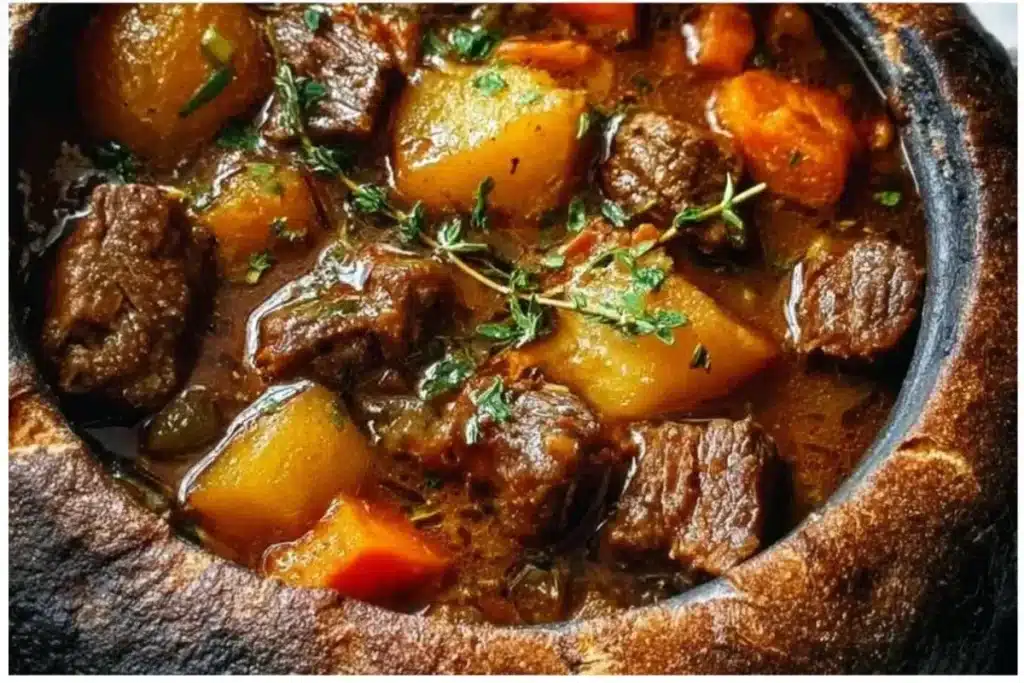 Delicious Witch's Cauldron Beef Stew simmering in a pot with fresh ingredients.