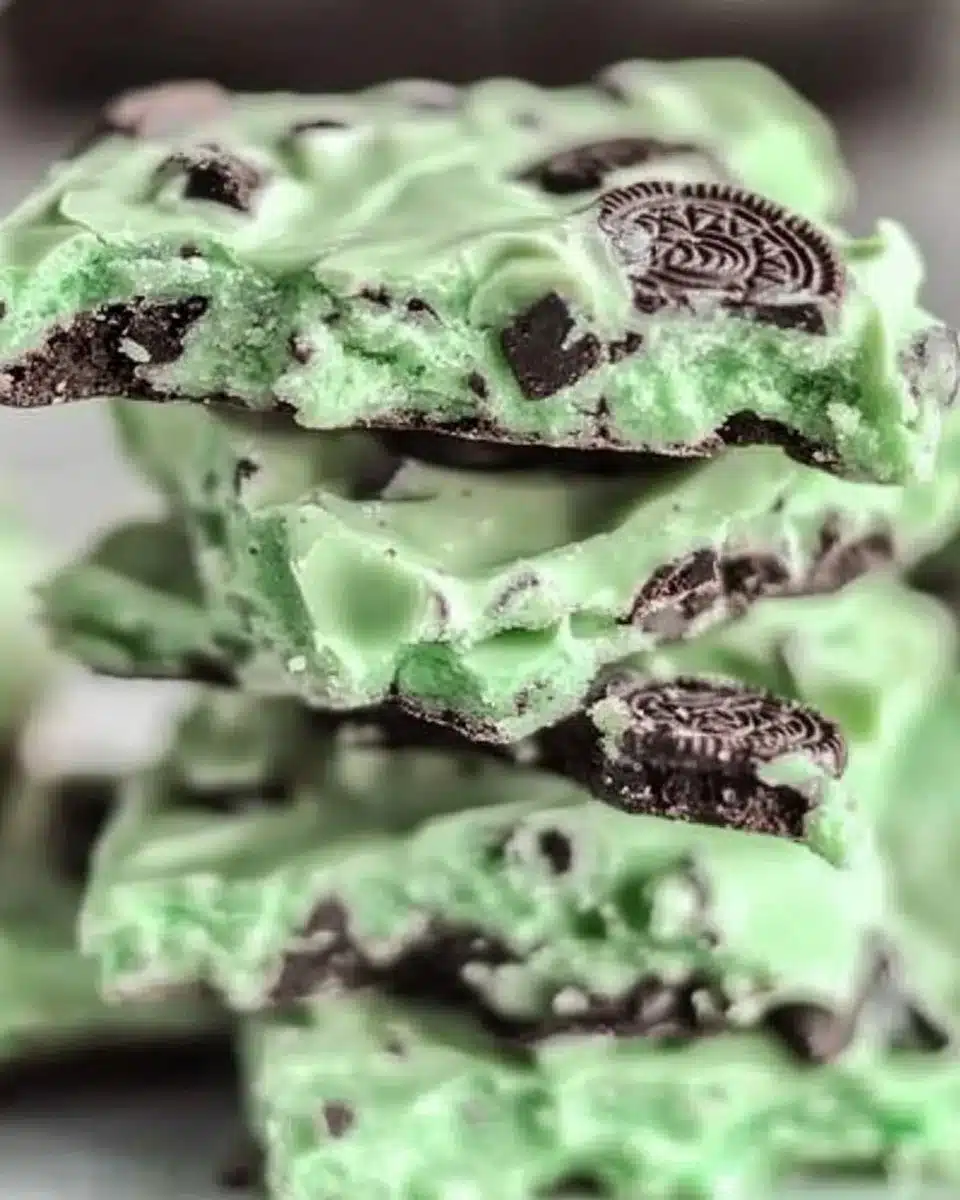 Delicious Mint Oreo Bark with crushed Oreos and green mint chocolate