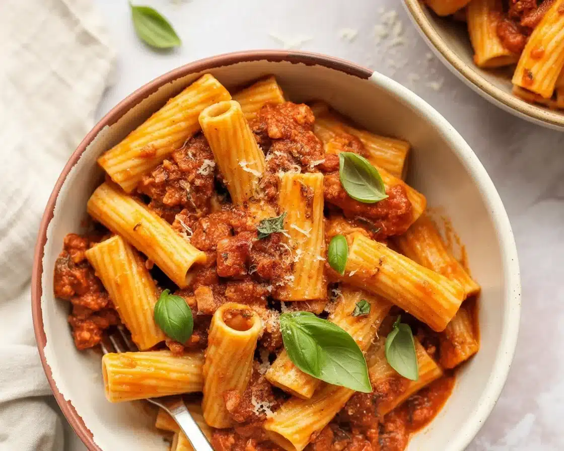 One pot pasta dish served in a bowl, perfect for busy families
