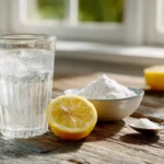baking-soda-trick-in-glass-with-water-and-lemon-on-wooden-table