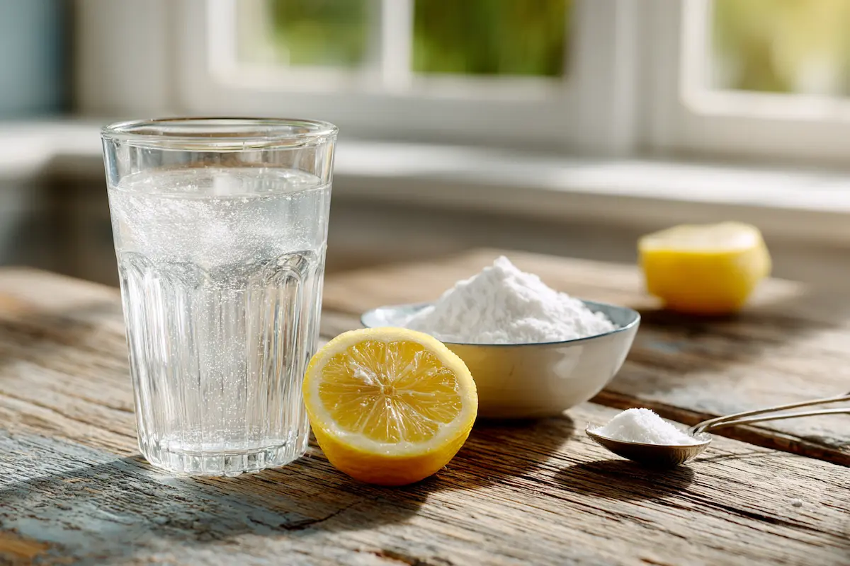 baking-soda-trick-in-glass-with-water-and-lemon-on-wooden-table