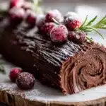 Chocolate Yule Log Cake Recipe (Bûche de Noël) 24 Elegant chocolate yule log cake decorated with sugared cranberries and rosemary on rustic wooden board