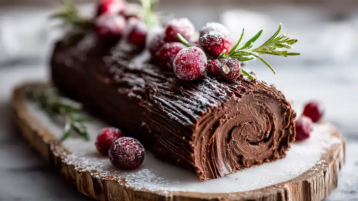 Elegant chocolate yule log cake decorated with sugared cranberries and rosemary on rustic wooden board
