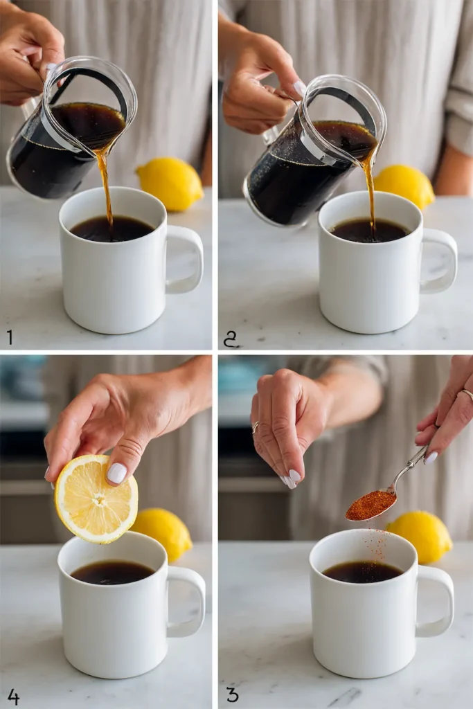 Step by step preparation of Jillian Michaels coffee trick adding lemon juice cinnamon and cayenne to black coffee