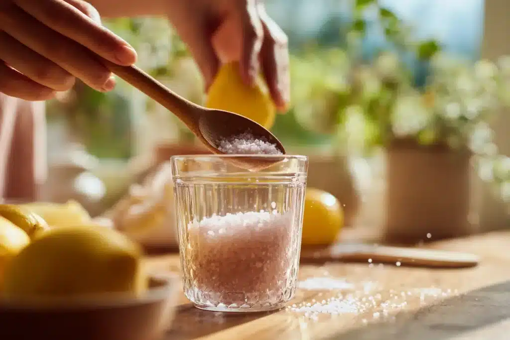 salt trick for women preparation showing hands stirring pink himalayan salt in warm water