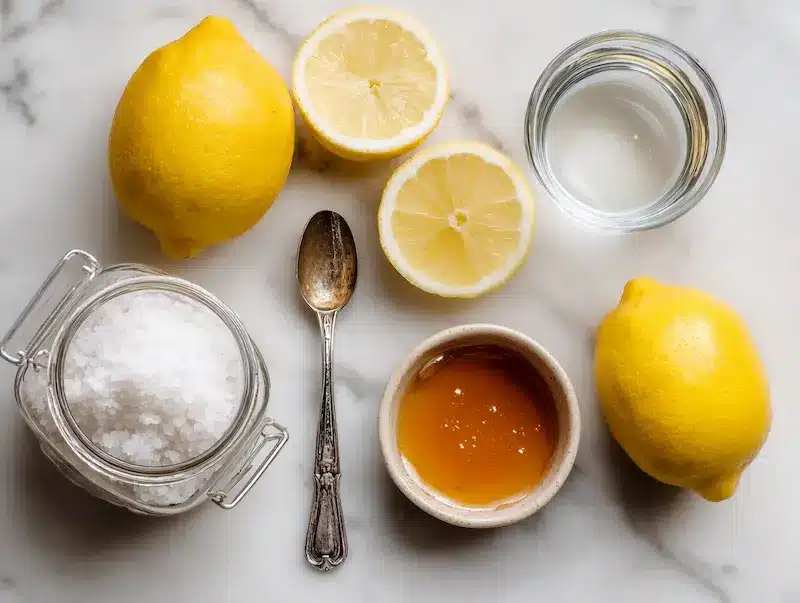Ingredients for the salt trick for men recipe including Celtic salt, honey, and lemon