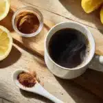 Jillian Michaels coffee trick with lemon cinnamon and cayenne in white mug on wooden table with ingredients