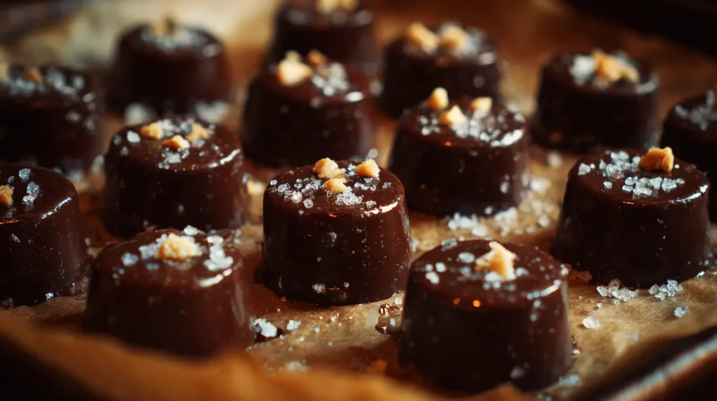 Glossy bite-sized slow cooker chocolate candies on a parchment-lined tray, some sprinkled with flaky sea salt and others topped with chopped nuts, in soft warm kitchen lighting