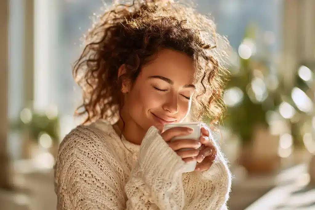 Woman drinking Jillian Michaels coffee trick in morning sunlight holding white mug for weight loss and energy boost