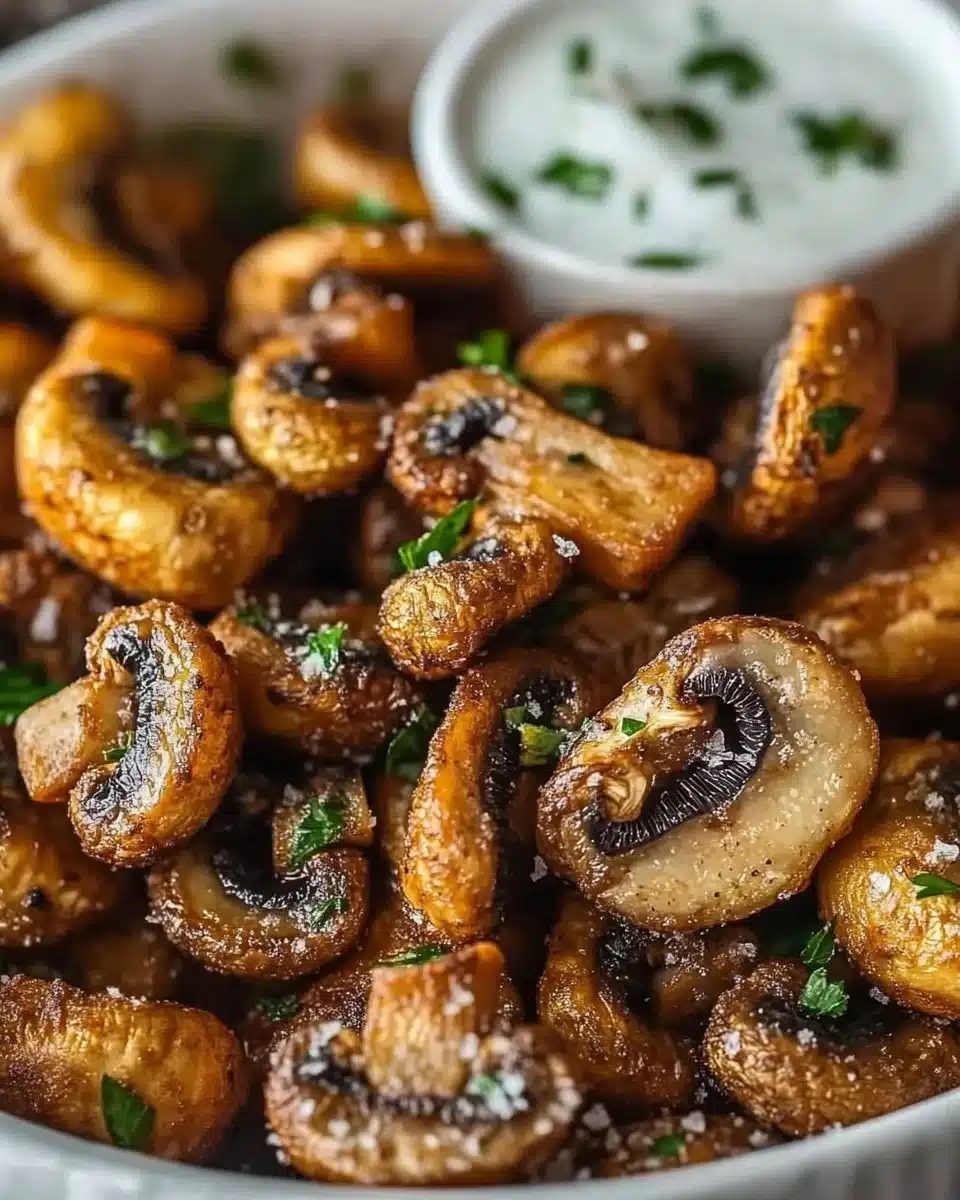 Delicious Air Fryer Ranch Mushrooms served in a bowl, garnished with herbs.