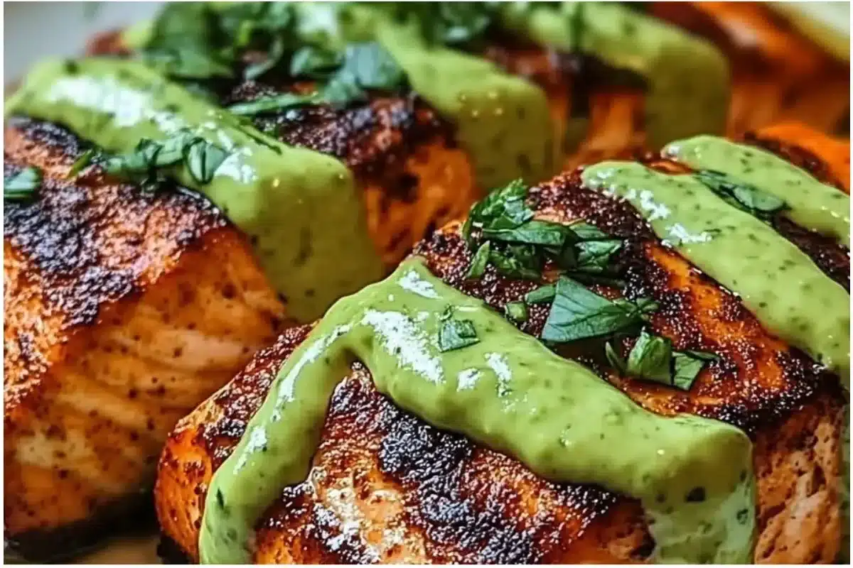 Baked Cajun salmon with creamy avocado lime sauce garnished on a plate