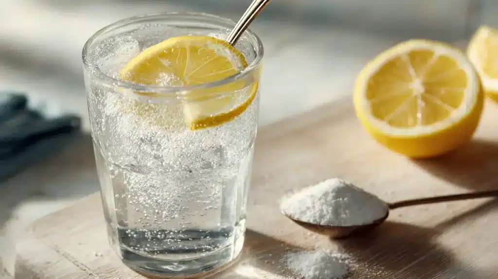 Baking Soda for Health: Evidence-Based Benefits, Risks, and Safe Dosages 1 baking soda for health : baking soda drink with lemon slice on wooden table for health guide.
