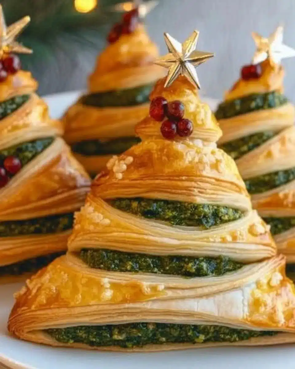 Basil pesto cheesy puff pastry Christmas tree appetizer on a festive table.
