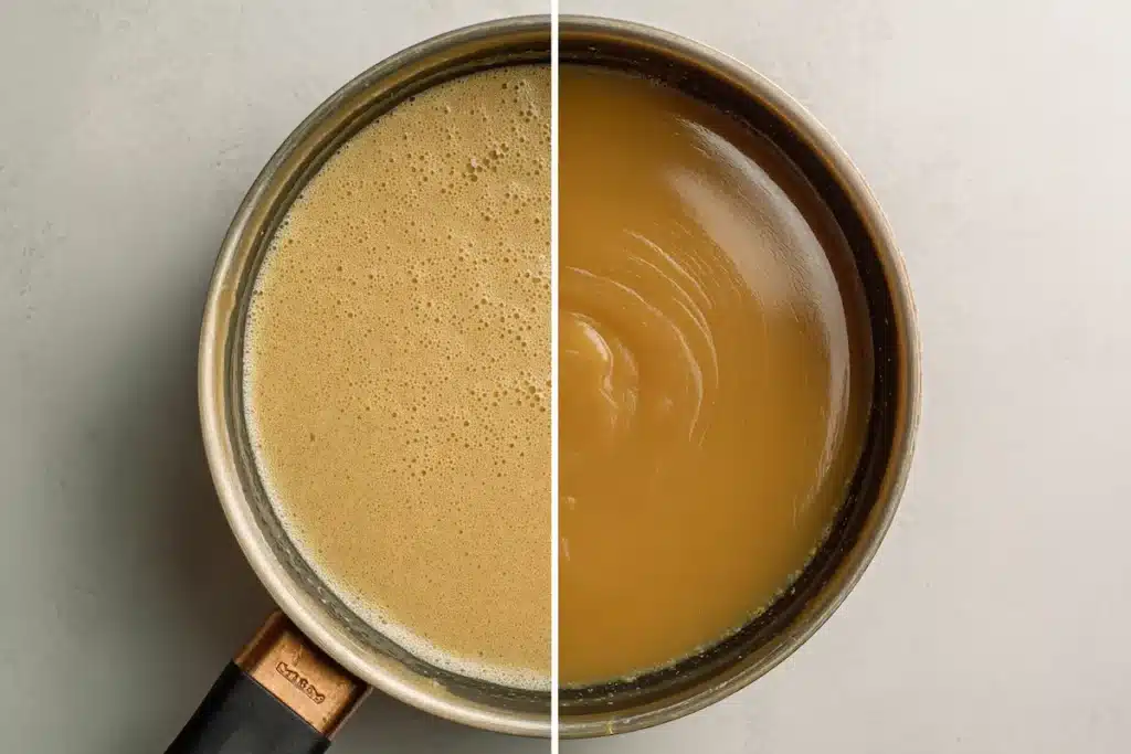 gelatin trick : Split image showing watery sauce on one side and thick, glossy sauce on the other after adding gelatin