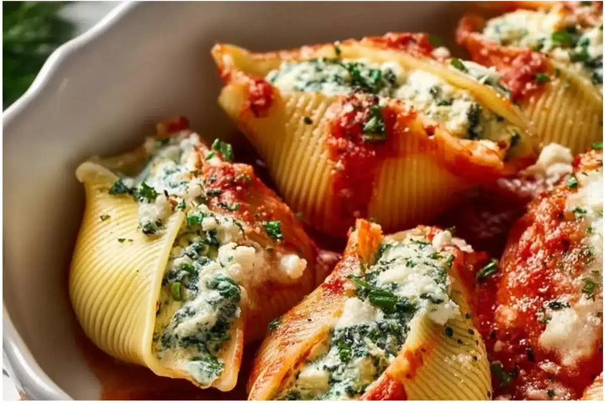 Delicious Christmas Stuffed Shells filled with cheese and festive ingredients