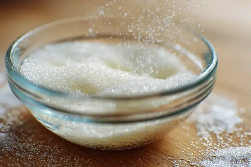 Close-up of powdered gelatin blooming in a small glass bowl of cold water on a wooden countertop