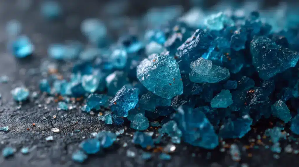 Closeup of vibrant Persian blue horse salt crystals with icy blue hues on a dark background.