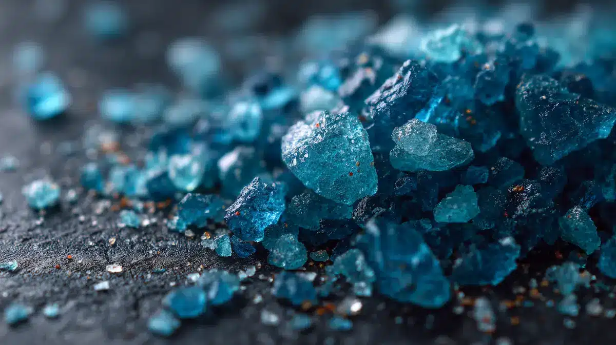 Closeup of vibrant Persian blue horse salt crystals with icy blue hues on a dark background.