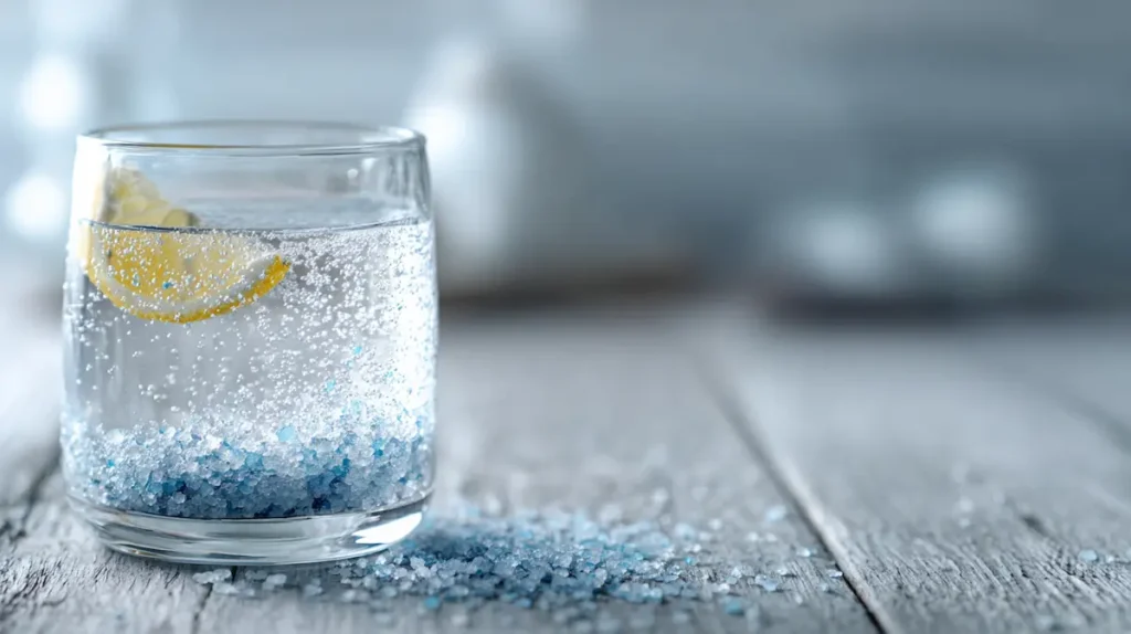 blue-horse-salt-trick-drink-recipe Glass of warm water with dissolved Persian blue salt and a lemon wedge representing the blue horse salt trick drink