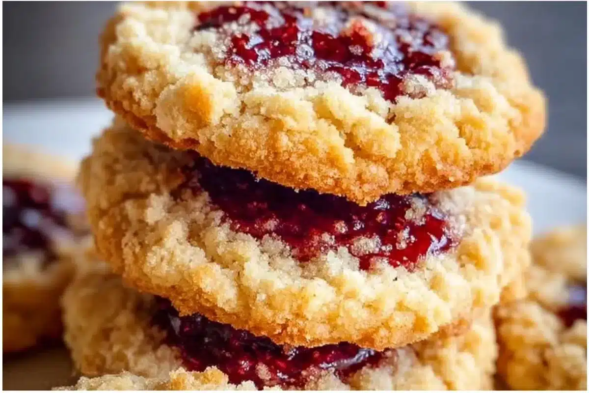 Buttery raspberry crumble cookies with a sweet jam filling on a wooden table