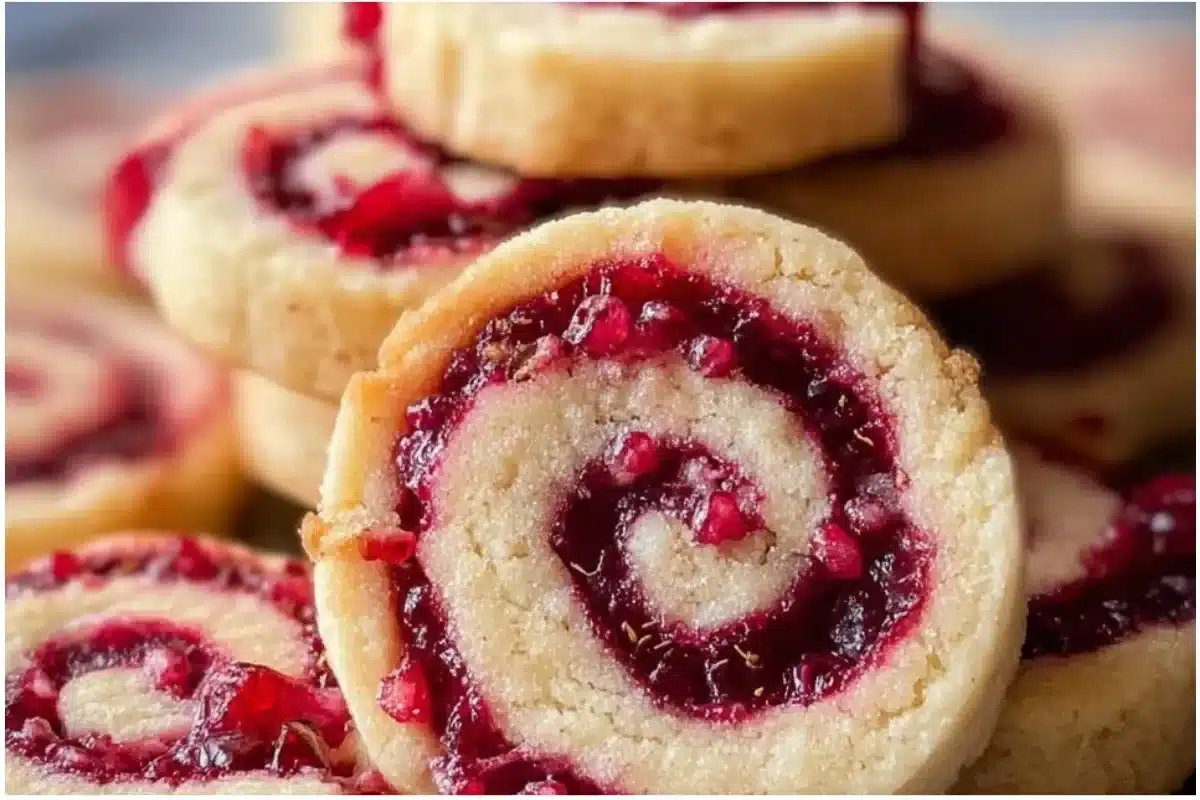 Buttery raspberry swirl shortbread cookies on a white plate