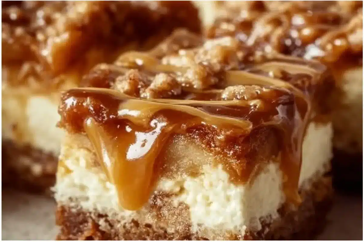 Delicious Caramel Apple Cheesecake Bars topped with swirl caramel and apple slices