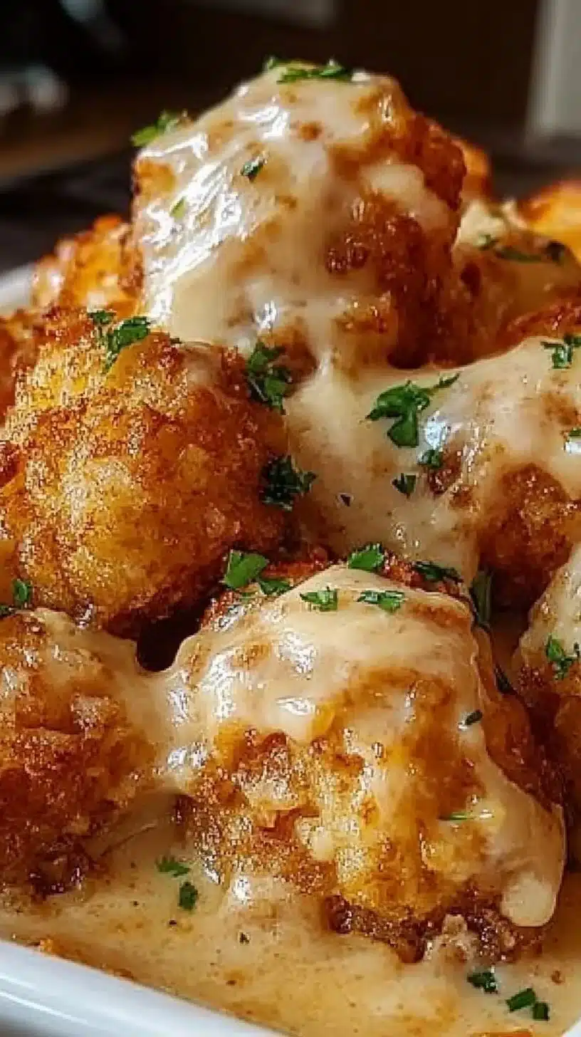 Cheddar Ranch Chicken Tater Tot Bake topped with melted cheese and crispy tots