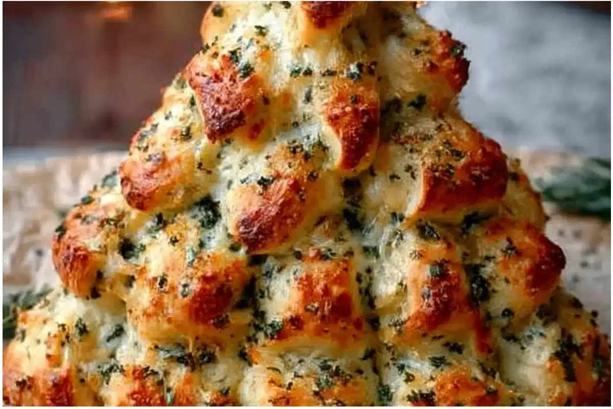Cheesy Christmas tree bread shaped like a festive tree with melted cheese