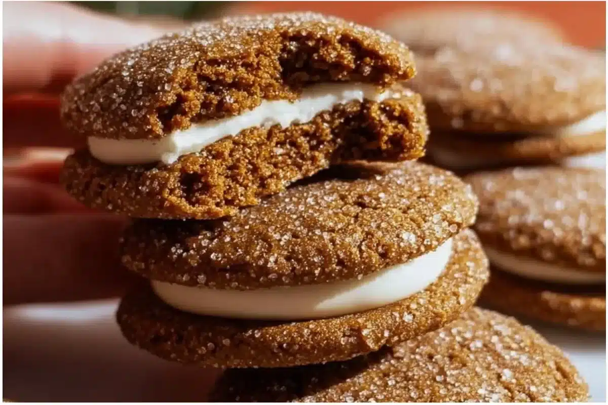 Chewy gingerbread sandwich cookies filled with creamy frosting on a festive plate