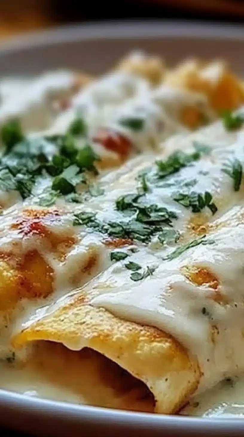 Delicious chicken enchiladas with sour cream white sauce served on a plate