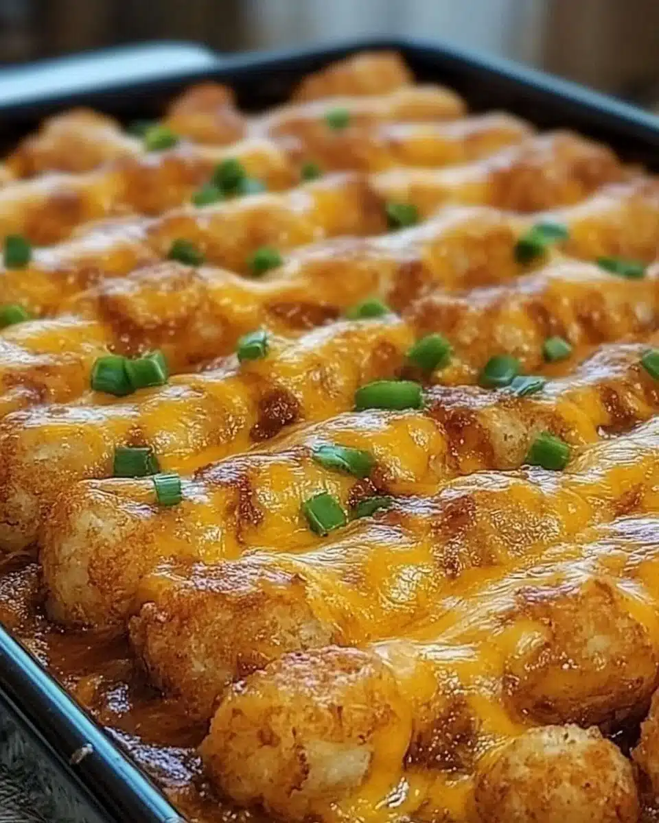 Delicious Chili Cheese Tater Tot Casserole topped with melted cheese and chili