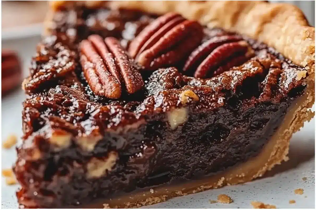 Delicious Chocolate Bourbon Pecan Pie topped with whipped cream