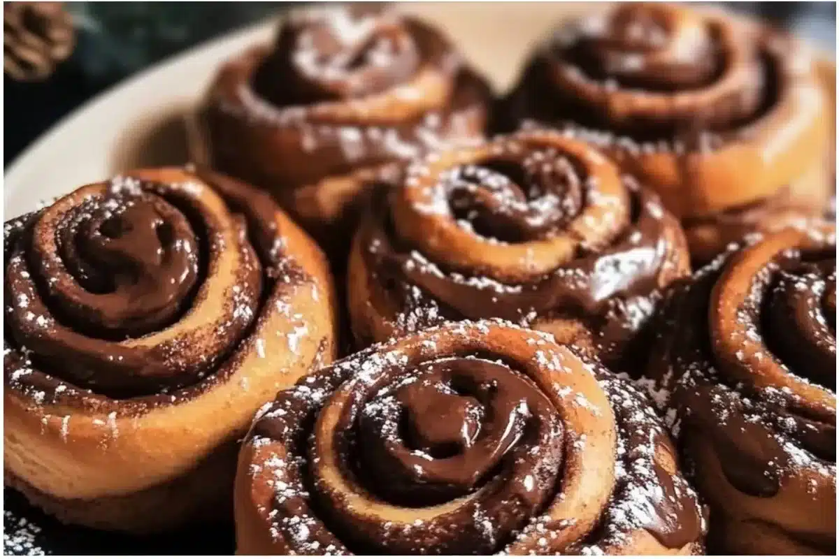 Freshly baked chocolate cinnamon rolls drizzled with icing