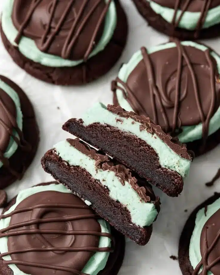 Plate of homemade Chocolate Mint Cookies with a mint garnish