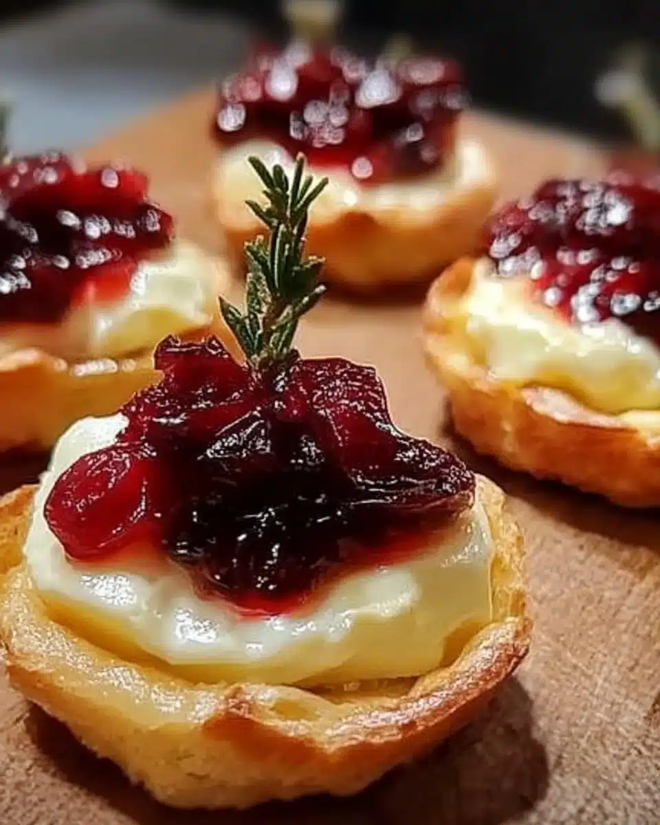 Delicious Christmas Brie Bites with cranberry sauce served on a festive platter.