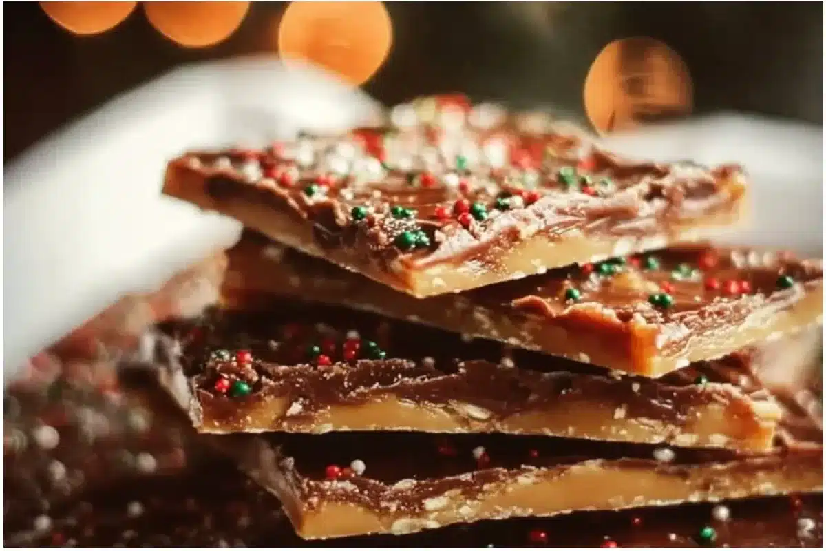 Delicious homemade Christmas Crack dessert with chocolate, toffee, and nuts.