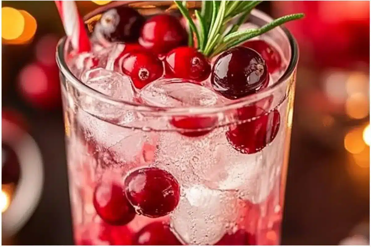 Christmas Cranberry Gin and Tonic garnished with rosemary and cranberries